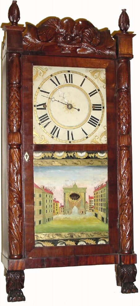 C.1826, Rodney Brace, North Bridgewater, Mass., 30-hour wood Torrington movement in a carved column and splat case, with restorations. — Antique Clocks Price Guide