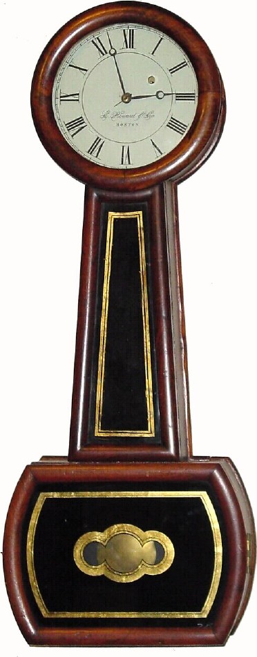 C.1840, Geo. Hatch, Attleboro, weight banjo, now with dial repainted, including an attractive but spurious signature of E. Howard and Co., Boston. — Antique Clocks Price Guide