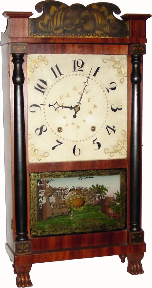 C.1830, E. and G. W. Bartholomew, Bristol, Conn. 30-hour WW, stenciled half column and splat shelf clock, as-found, with major restoration. — Antique Clocks Price Guide