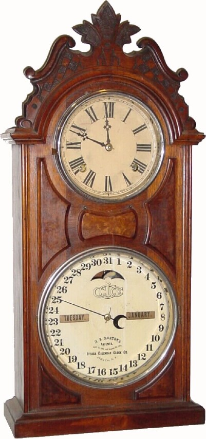 C.1875, Ithaca Clock Co., "No. 6 Hanging Library" double dial calendar clock, LESS lower bracket. — Antique Clocks Price Guide
