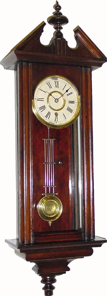 C.1886, New Haven Clock Co., "Regulator No. 25" 8-day walnut timepiece, also called the Fatinitza, — Antique Clocks Price Guide