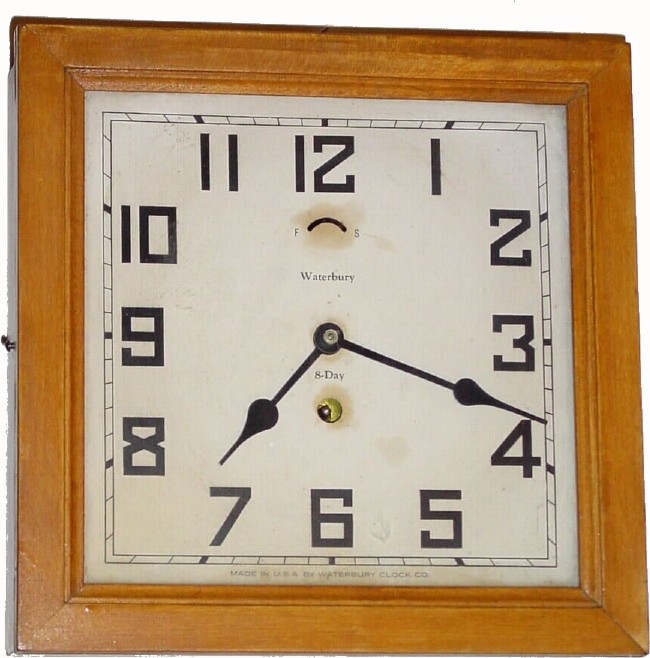 C.1930, Waterbury Clock Co., "Square Lever" 8-day wall timepiece, in very clean condition. — Antique Clocks Price Guide