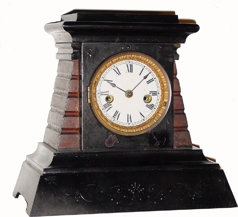 C.1889, E.N. Welch Mfg. Co., Forestville, CT, "No. 8 -Iron" model cast iron mantel clock in generally fair condition. — Antique Clocks Price Guide