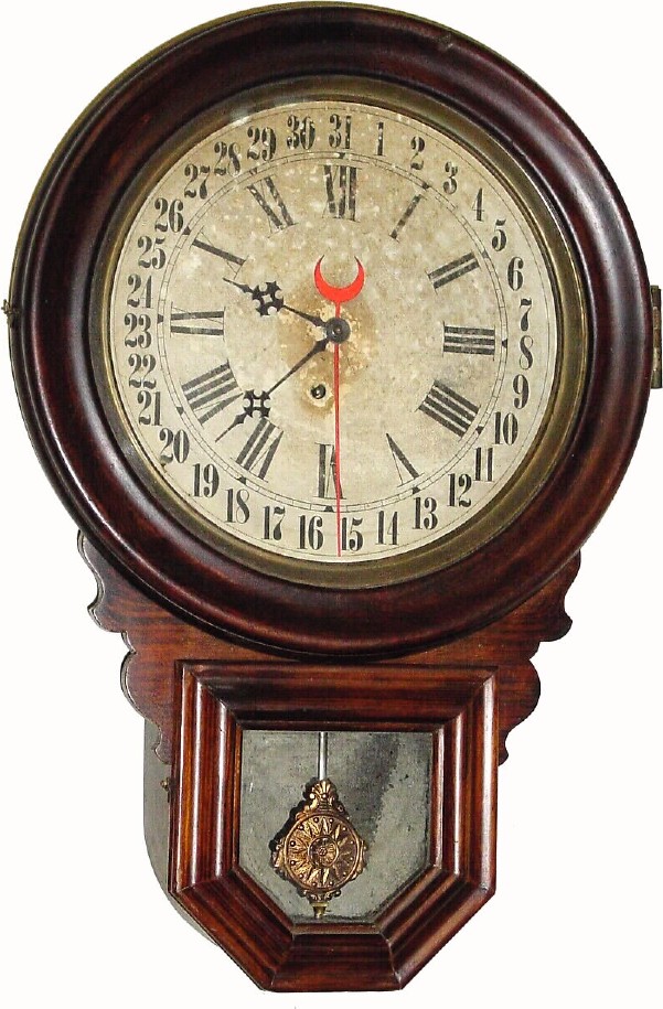 C.1909, Ingraham Clock Co., "Dew Drop Calendar" 8-day round drop wall clock, in fair to good as-found condition. — Antique Clocks Price Guide