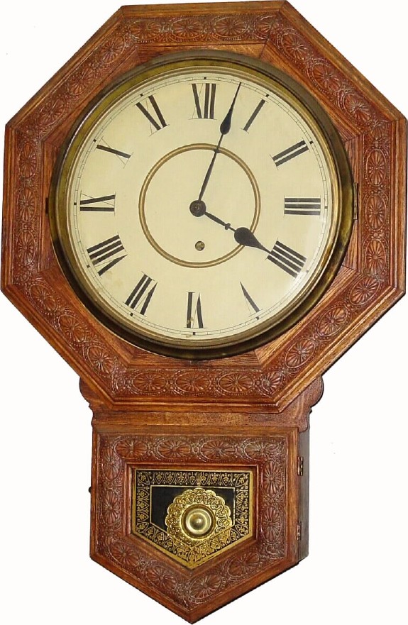 C.1900, E.N. Welch Mfg Co. "Gentry" 8-day Oak regulator timepiece (pressed octagon short drop), in fair to good condition, with restorations. — Antique Clocks Price Guide