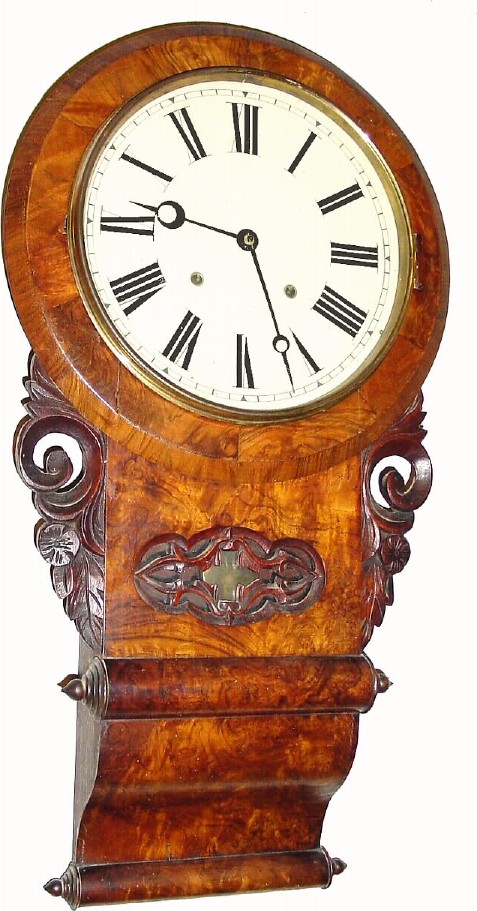 C.1870, E.N. Welch 8-day time and strike English cased walnut burl wall clock. — Antique Clocks Price Guide