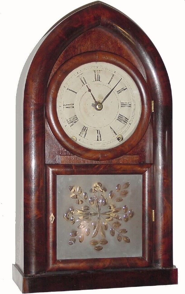 C.1844, Brewster and Ingrahams, Bristol, Conn., 8-day Kirk's Patent iron backplate beehive shelf clock. — Antique Clocks Price Guide
