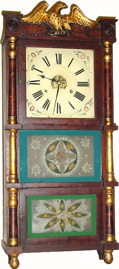 PS-1 C.1855, Birge, Peck and Co., Bristol, Conn., 8-day time/strike strap brass movement triple-decker shelf clock, in excellent original condition. — Antique Clocks Price Guide