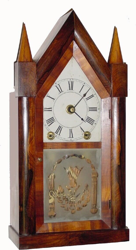 C.1845, Brewster and Ingrahams, Bristol, Conn, 8-day time/strike Kirk's patent iron backplate rosewood steeple clock. — Antique Clocks Price Guide