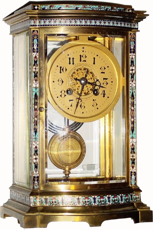 C.1900, French, for J. E. Caldwell and Co., Philadelphia, 8-day time and strike brass, glass and cloisonne crystal regulator. — Antique Clocks Price Guide