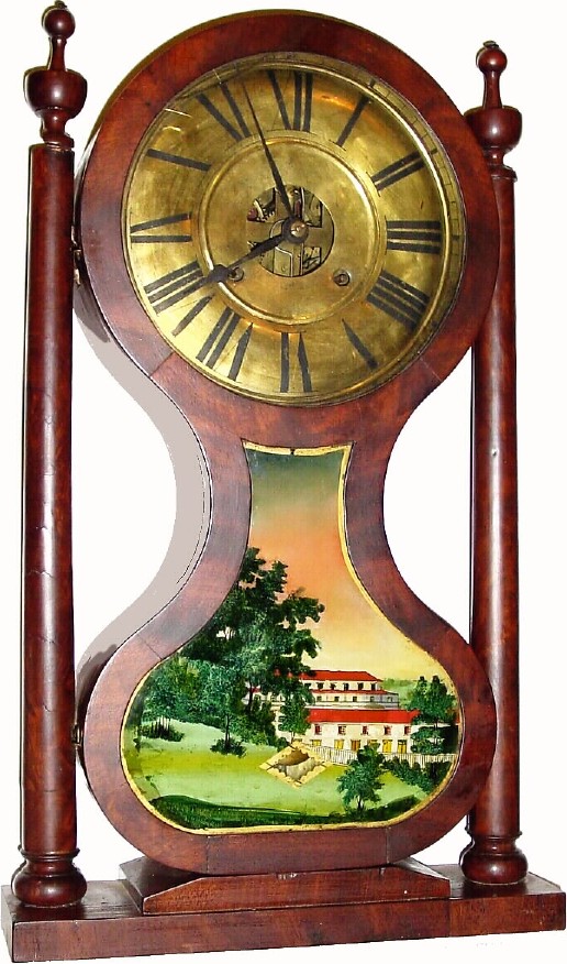 C.1840, Joseph Ives, Plainville, Farmington, Conn, "Hour Glass" clock with 30 hour single leaf spring movement. — Antique Clocks Price Guide