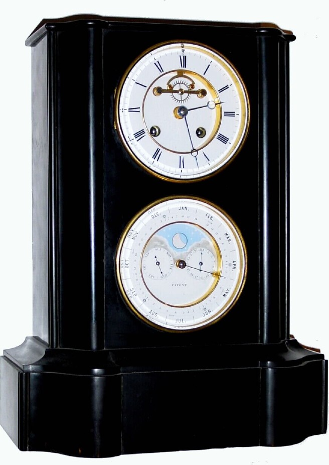C.1875, French, Double Dial Calendar clock with perpetual indications and moon phase on the lower dial. — Antique Clocks Price Guide