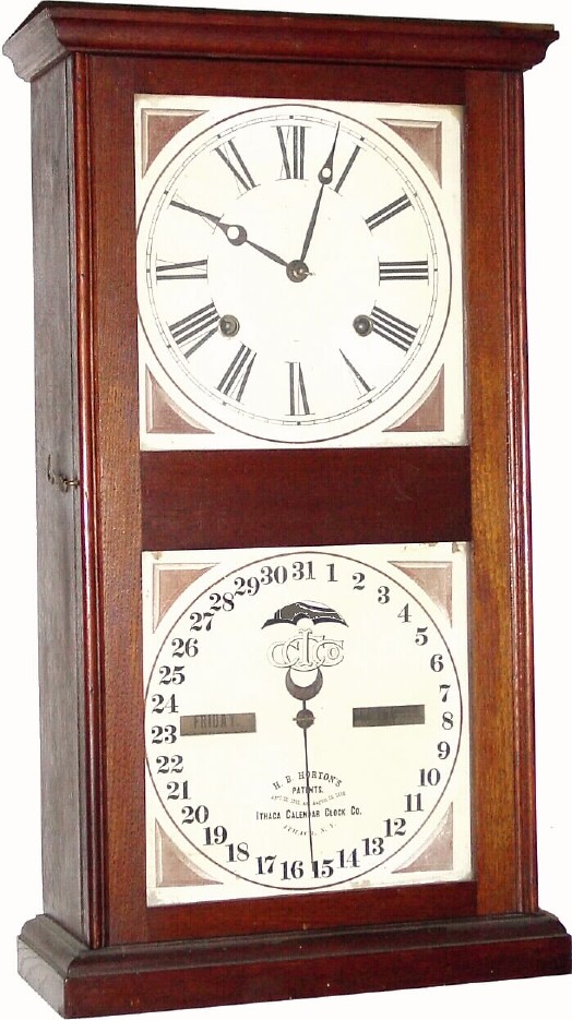 C.1874, Ithaca Calendar Clock Co., "No. 10 Farmer's" 8-day time/strike walnut, perpetual calendar clock, in excellent original condition. — Antique Clocks Price Guide