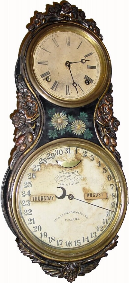 C.1866, Ithaca Calendar Clock Co., Horton's Patent Iron Case double dial calendar clock. — Antique Clocks Price Guide
