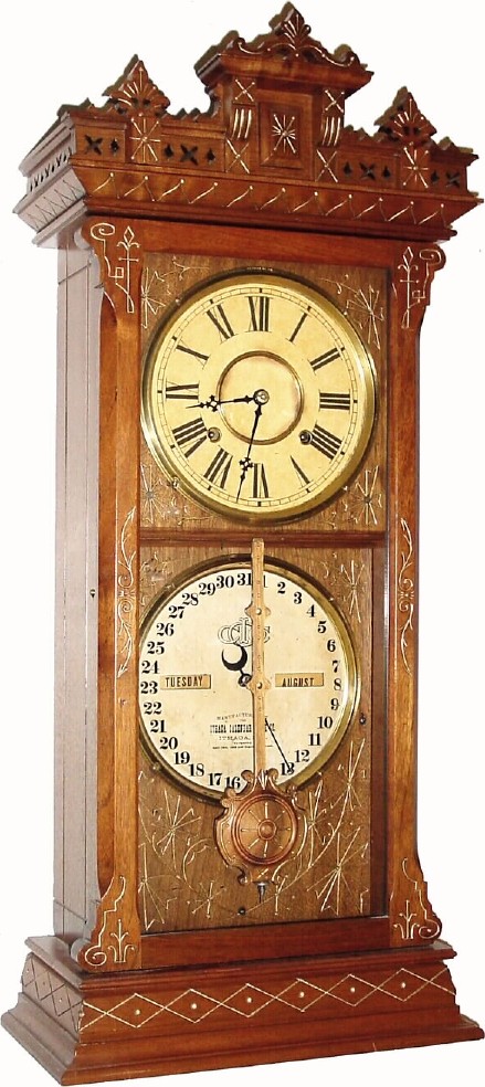 C.1880, Ithaca Calendar Clock Co., No. 6 1/2 Shelf Belgrade, double dial calendar clock, in excellent condition. — Antique Clocks Price Guide
