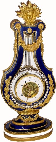 C.1785, French, F. Berthoud, Paris (original signature on movement), blue cobalt lyre with swinging brilliant pendulum, month running. — Antique Clocks Price Guide
