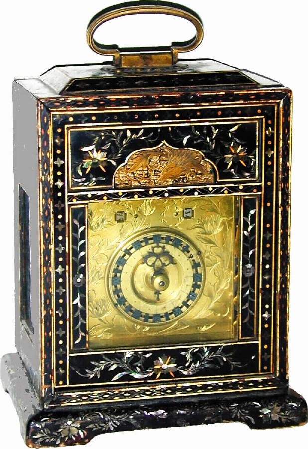 Mid 1800s, Japanese, Bracket Clock, time and strike, in a miniature MOP covered case with sliding front and rear panels. — Antique Clocks Price Guide