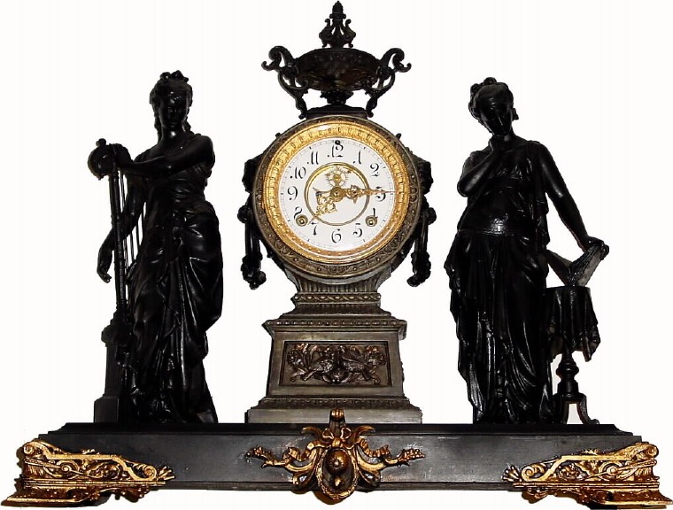C.1894, Ansonia Clock Co., "Music and Poetry" double statue figural clock, in dirty condition with lots of potential — Antique Clocks Price Guide