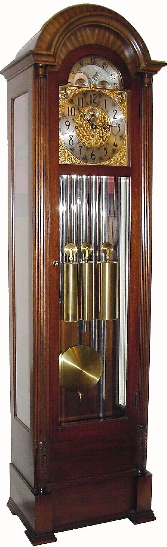 C.1950, Herschede Hall Clock Co., Model 215, mahogany 9-tube, 2-tune, rolling moon, hall clock, in generally good original condition. — Antique Clocks Price Guide