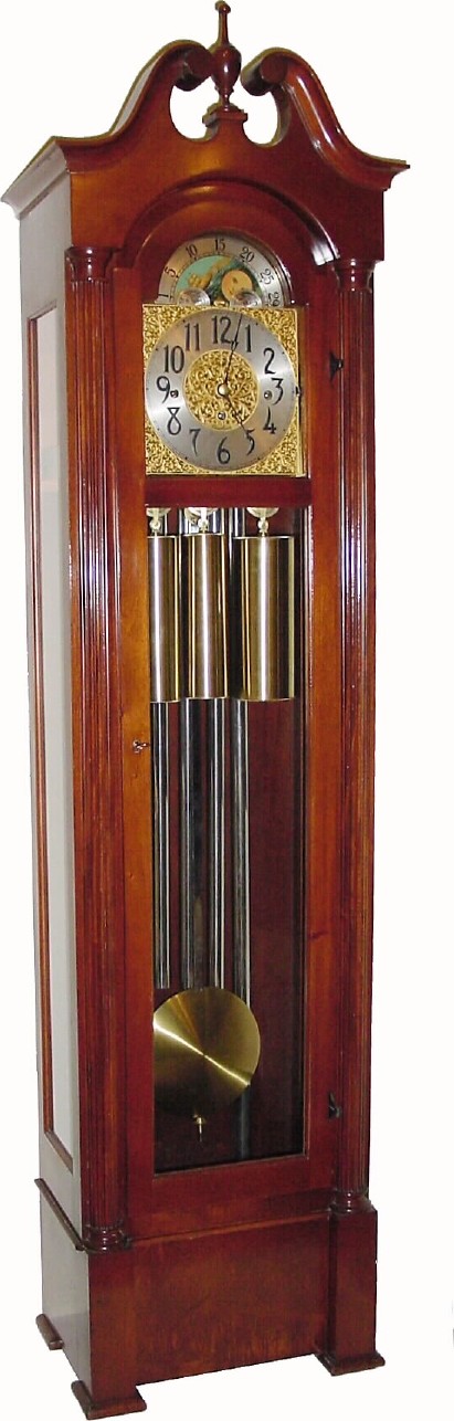 C.1962, Herschede Hall Clock Co, Starkville, Model 515, mahogany 5-tube, rolling moon, hall clock, in excellent original condition. — Antique Clocks Price Guide