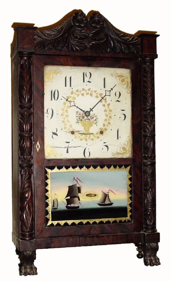 C.1830, Seth Thomas, Plymouth, Conn, fully carved short case shelf clock with 30-hour short-pendulum movement. — Antique Clocks Price Guide