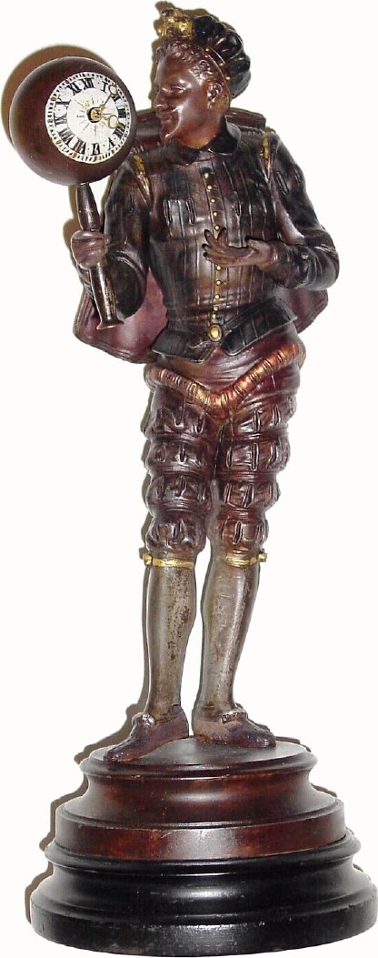 C.1880, French, Patinated Spelter, novelty clock, The Jester , in generally good original condition, with original finish on both statue and ball. — Antique Clocks Price Guide