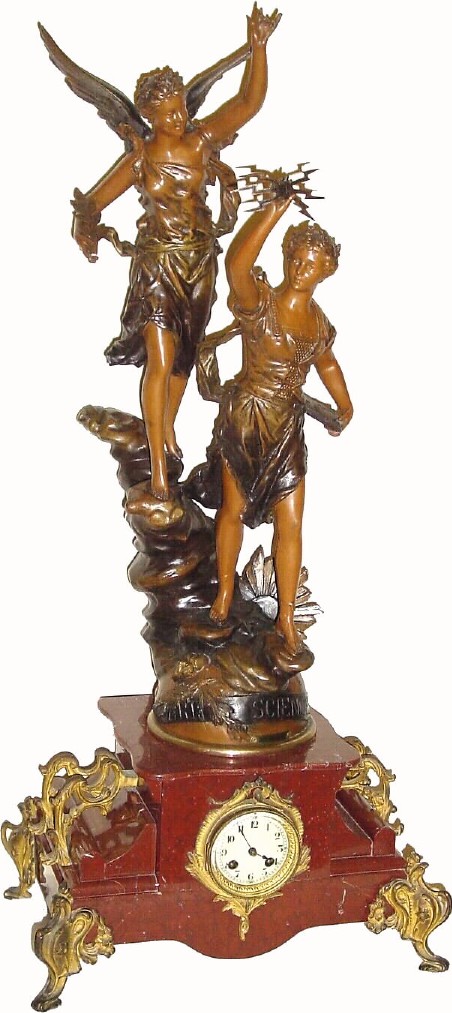 C.1900, French, Patinated Spelter double statue clock "The Sciences - Ingenuity Rewarded" — Antique Clocks Price Guide