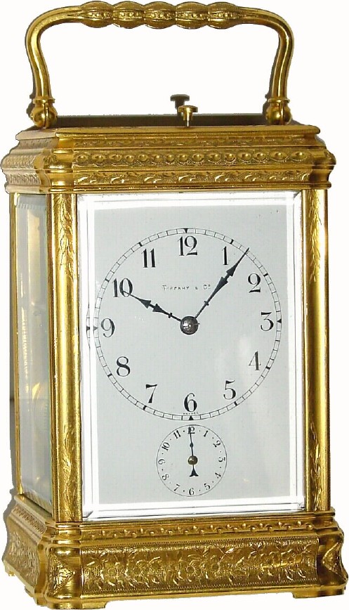 C.1900, French, Ch. Hour for Tiffany and Co., brass cased carriage clock, grand sonnerie with alarm, and in an engraved and gilded gorge case of the highest quality. — Antique Clocks Price Guide
