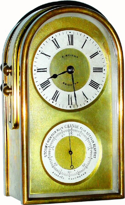 C.1910, French for E. Bright, Brighton, England, a quality 8-day brass case portable timepiece with barometer, in a small "Jump" style case. — Antique Clocks Price Guide