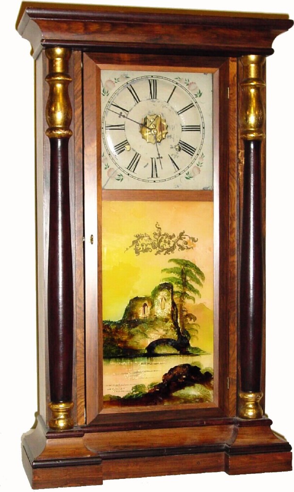 C.1865, S. C. Spring and Co., Bristol, Conn, uncommon, 8-day time/strike strap brass movement rosewood veneer column and cornice shelf clock. — Antique Clocks Price Guide