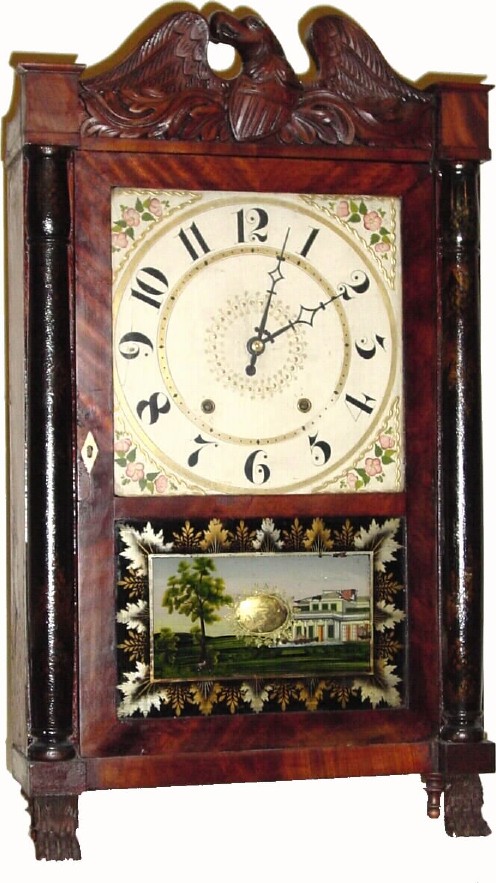 C.1830, Seth Thomas, Plymouth, Conn., 30-hour short pendulum half column and carved splat shelf clock in very good original condition. — Antique Clocks Price Guide