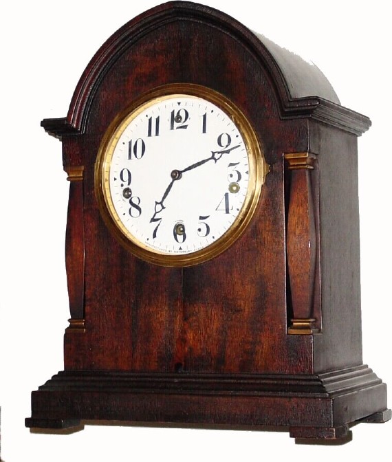 C.1917, Waterbury Clock Co., "Chime Clock 501" 8-day time/chime/strike mahogany mantel clock, in excellent original condition. — Antique Clocks Price Guide