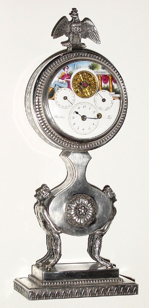 C.1830, Swiss, DuBois and Fils, Small Silver Desk clock with key wind calendar movement (watch size). — Antique Clocks Price Guide