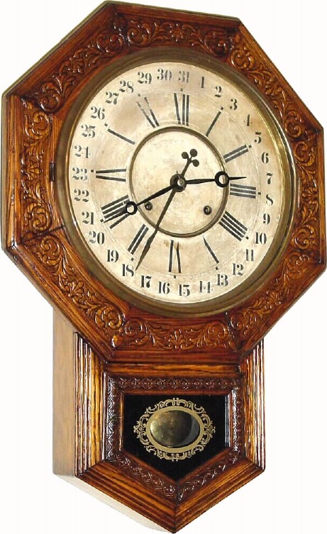 C.1901, Ansonia Clock Co., "Drop Octagon Extra Calendar" 8-day time and strike calendar clock, in good condition, with restoration. — Antique Clocks Price Guide