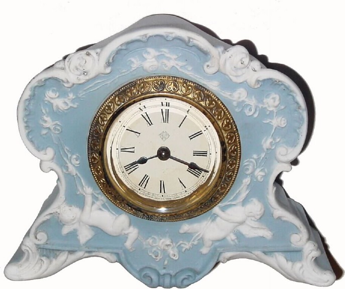 C.1901, Ansonia Clock Co., "Cameo No. 1" 30-hour Wedgewood porcelain timepiece in excellent original condition. — Antique Clocks Price Guide