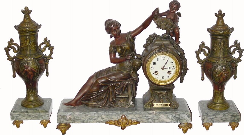 C.1900, French, LE RAISIN, figural clock set with side garnitures. — Antique Clocks Price Guide