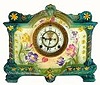 C.1905, Ansonia Royal Bonn "La Palma" porcelain china clock in excellent original condition, except for dark hairlines on dial, and wrong hands.