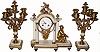 C.1870, French, Japy, White Marble and Bronze mantel clock set, with an interesting child actor with a Mercury head-dress, and his/her mask laying on the ground.