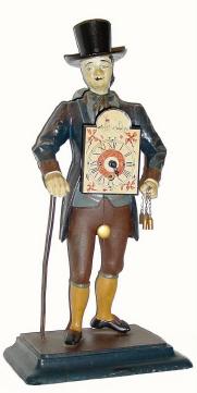 C.1980, Reproduction painted cast spelter clock peddler. — Antique Clocks Price Guide