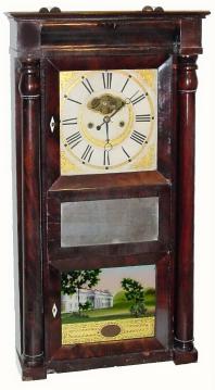 C.1838, Eli Terry, Jr. and Co., Terrysville, Conn., 8-day time/strike column and cornice shelf clock, in good condition, except as noted. — Antique Clocks Price Guide