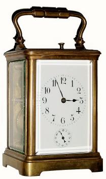 C.1900, French Brass Cased Carriage clock, time, strike, repeat and alarm in good original condition with perfect porcelain dial, good beveled glass and original lever platform. — Antique Clocks Price Guide