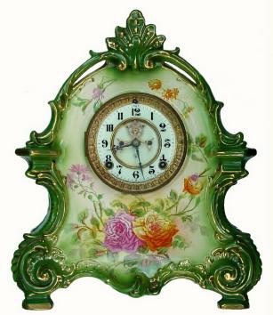 C.1915, Ansonia Clock Co., Royal Bonn, La Bretagne, 8-day time/strike porcelain mantel clock in medium green with pink-yellow-orange floral decorations. — Antique Clocks Price Guide