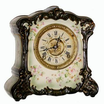 C.1898, F. Kroeber Clock Co., New York, "China No. 12" 8-day time and strike porcelain clock, in dark forest green and white with gold accents. — Antique Clocks Price Guide
