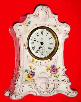 C.1890, Ansonia Clock Co., 30-hour porcelain alarm clock, pattern XIII. — Antique Clocks Price Guide