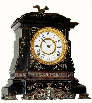 C.1880, Ansonia Clock Co., "Nile", 8-day time/strike enameled iron case mantel clock, less top urn (see Ly, fig 988). — Antique Clocks Price Guide