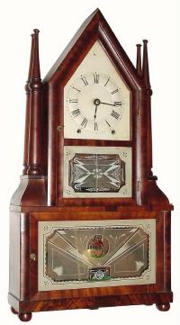 C.1845, Birge and Fuller, Bristol, Conn., wagon spring 8-day sharp gothic on frame with 4 candle sticks, in excellent condition. — Antique Clocks Price Guide