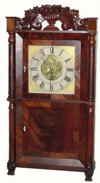 C.1835, Silas B. Terry, Plymouth, Conn., 8-day time/strike column and carved splat shelf clock. — Antique Clocks Price Guide