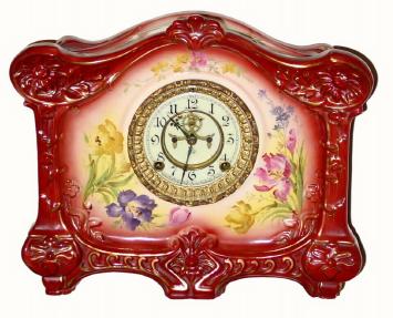 C.1900, Ansonia Clock Co., "La Croix" Royal Bonn, porcelain clock in good original condition. — Antique Clocks Price Guide