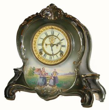 C.1904, Ansonia Clock Co., "La Riviere" 8-day time/strike Royal Bonn, porcelain clock in excellent original condition. — Antique Clocks Price Guide