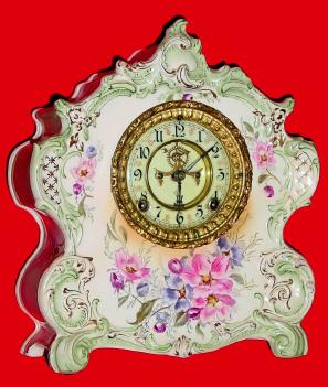 C.1901, Ansonia Clock Co., "La Vogue" 8-day time and strike Royal Bonn, porcelain clock. — Antique Clocks Price Guide